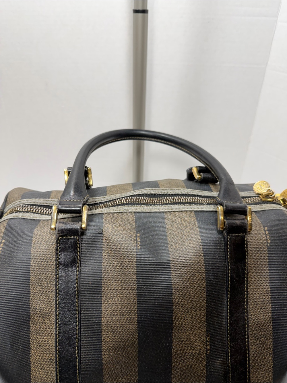 Vintage FENDI Black & Gray Pecan Stripe Speedy/Duffle Style Handbag,Classic 90s - Picture 12 of 13